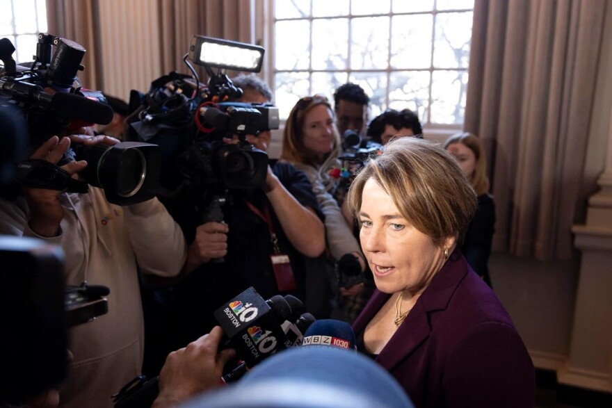Gov. Maura Healey speaks with reporters at Newton City Hall on Nov. 25, 2024