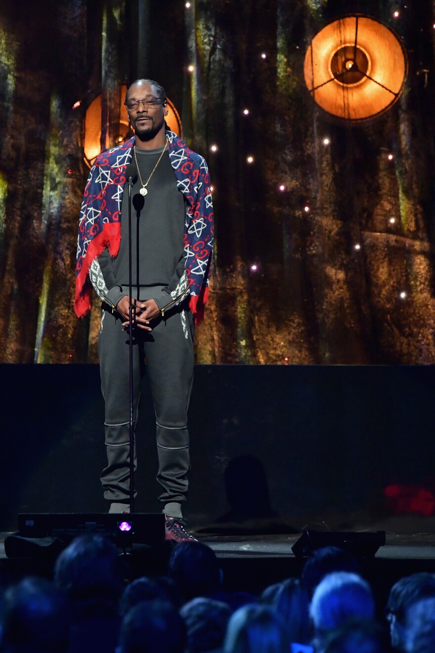 Snoop Dogg speaks on behalf of inductee Tupac Shakur at the 2017 Rock & Roll Hall Of Fame induction ceremony.