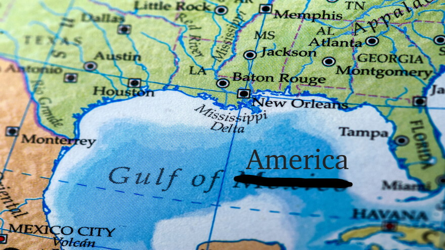 A map of the Gulf of Mexico is show with the word Mexico crossed out and America written above it.