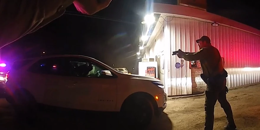 Screenshot taken from body camera video of an Illinois State Police trooper who captured the fatal shooting Rachel Tarrence by another trooper on Jan. 4, 2026, in the drive-thru window of an East St. Louis liquor store.