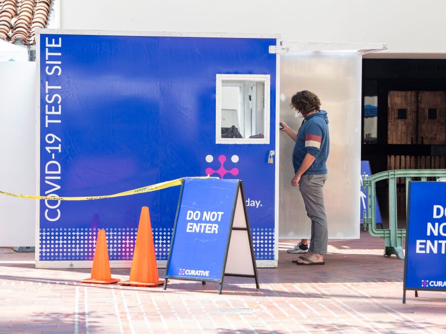 A covid-19 Testing Center is set up in the yard of the Union Station, downtown L.A. where part of the Oscars Ceremony will take place Sunday, April 25, in Los Angeles, California, March 17, 2021. - Academy president David Rubin confirmed this year's Oscars would be broadcast from Los Angeles' cavernous Union Station as well as its traditional Dolby Theatre home in Hollywood. (Photo by VALERIE MACON / AFP) (Photo by VALERIE MACON/AFP via Getty Images)