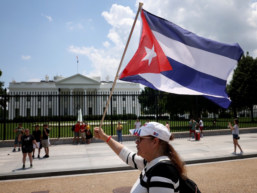 Cuban Americans demonstrate outside the White House Monday in support of protests taking place in Cuba.