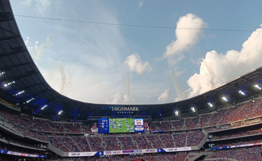 Fireworks were set off to help celebrate the Buffalo Bills' 'Return of the Blue and Red' practice, the first public event to be held in the new Highmark Stadium, Saturday, August 8, 2026.