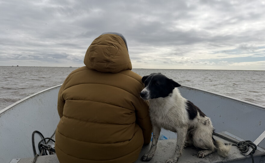 Twelve-year-old Preston Evon sits next to Oreo the dog on their way to find salmonberries just outside of Kipnuk on Aug. 12, 2026. 