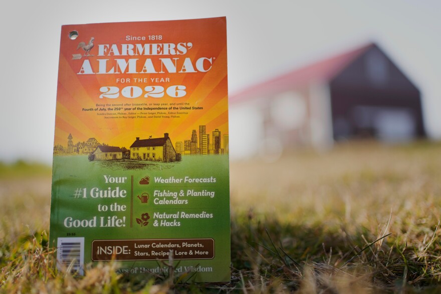 A copy of the final edition of the Farmers' Almanac is seen, Friday, Nov. 7, 2025, in Alexander, Maine.