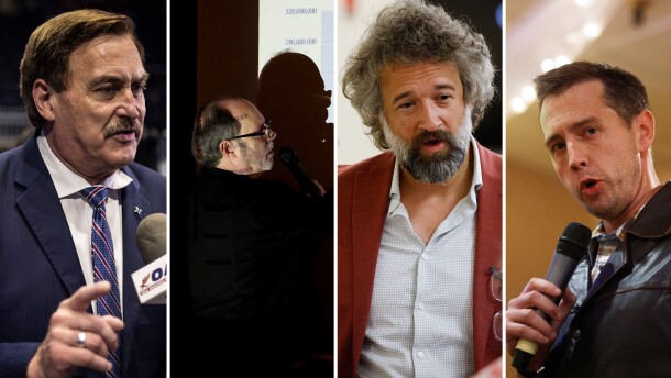 NPR used social media and news reports to track four key men spreading misinformation about the 2020 election (from left to right): MyPillow CEO and longtime Trump supporter Mike Lindell, former high school math and science teacher Douglas Frank, former law professor David Clements, and former U.S. Army Captain Seth Keshel.
