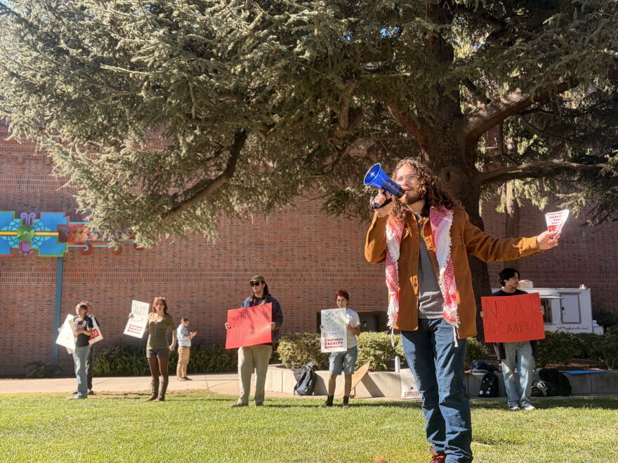 Members of Students for Quality Education protest outside the administration building on Oct. 14, 2026 at California State University, Chico in Chico, Calif.