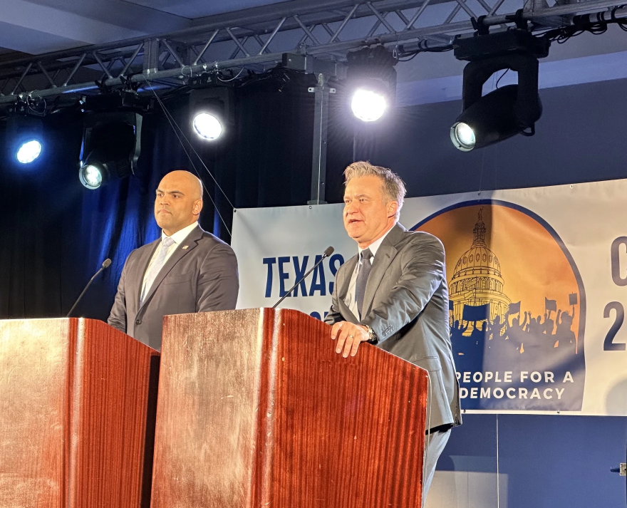 Congressman Colin Allred, left, and State Sen. Roland Gutierrez, right, speak during a U.S. Senate Democratic primary debate hosted by the Texas AFL-CIO on Jan. 28.