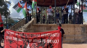 A couple dozen unarmed pro-Palestinian protestors chanted and gave speeches in the gazebo of Milam Park Tuesday, Oct. 7, 2025.