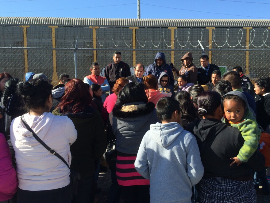 Former factory workers employed by the American-owned telecommunications company, CommScope, gather outside the state labor tribunal in Ciudad Juárez. These workers are part of the city's only independently organized factory union.