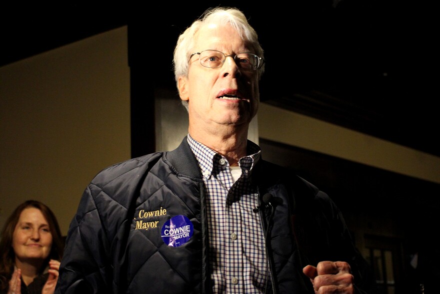 Frank Cownie thanks supporters after winning a record fifth term as mayor of Des Moines.