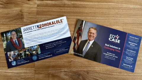 An image of Congressional campaign flyers for U.S. Rep. Ed Case and state Sen. Jarrett Keohokalole displayed.