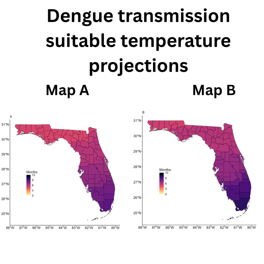 The maps above represent the suitable climates for dengue transmission. Map A shows the average Florida climate from 1970 to 2000. Map B is a projection of suitable temperatures increasing in the state from a range of years between 2021 and 2040.