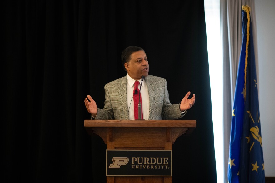 Dr. Rahul Gupta speaks to faculty, students, and community members at Purdue University in West Lafayette, Ind. on Sep.15, 2023.