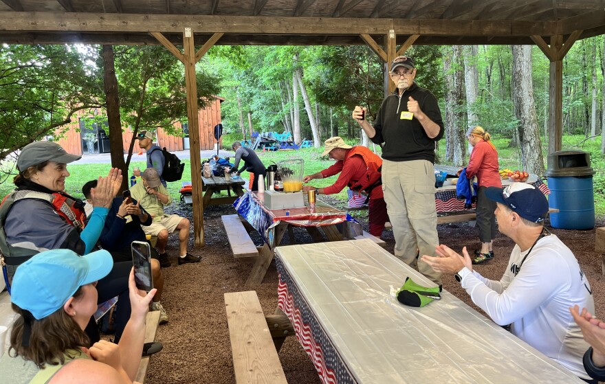 Team Democracy and RAFT for America founder Ken Powley shares his story before participants hit the water.