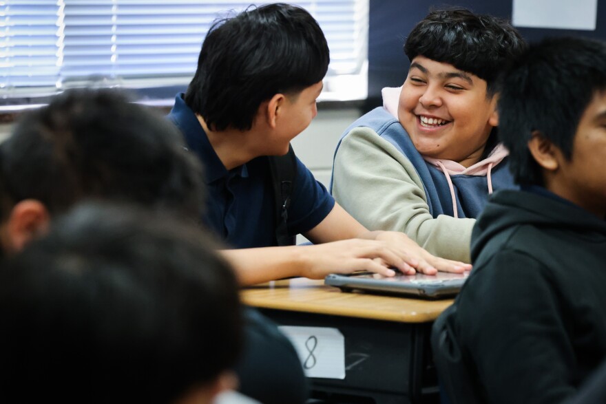 Pablo Quintero, center, and Paul Mojica chat during an exercise at the abuse prevention training at Daggett Middle School Tuesday, Nov. 28, 2023, in Fort Worth. The class is a two-part program taught by the school’s counselors.