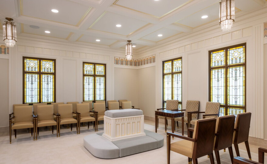 An interior of the sealing room in the of the Wichita Kansas Temple of The Church of Jesus Christ of Latter-day Saints.