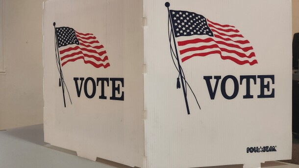 A screen at a Springfield, Mo. polling place on April 7, 2026.