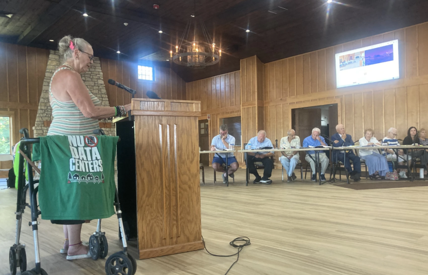 Clinton resident Elizabeth Dehner Huizenga speaks to Clinton's city Plan Commission on July 15, 2026 during a public hearing on the data center ordinance.