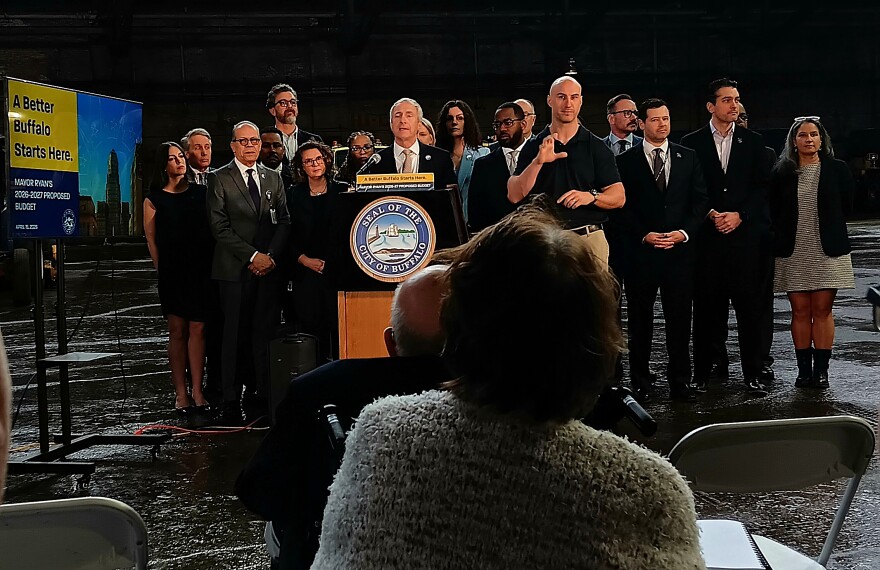 Buffalo Mayor Sean Ryan presented his proposed 2026-2027 budget Wednesday, April 15, 2026 inside the Broadway Barn. He says his spending plan, which is now subject to review and amendments by the Common Council, will address disinvestment in resources by the city while tackling a $109 million deficit.