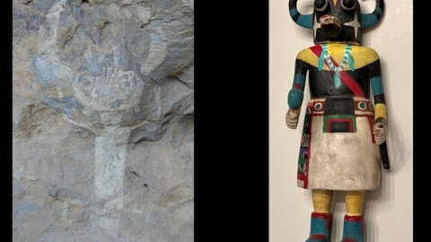 Curved horns, bulging or “goggle” eyes, a patterned band or sash at the waist – the White Horned Dancer pictograph of West Texas and the “ogre” kachina of contemporary Hopi tradition share several distinctive elements. And it’s only one connection between the millennium-old rock art of Hueco Tanks State Park, and other sites in our region, and kachina imagery.