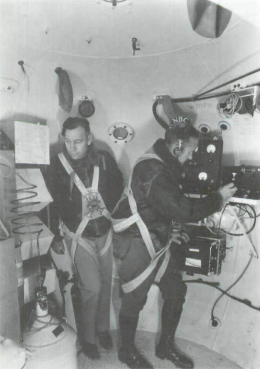  Captains Anderson (left) and Stevens test the instruments inside the gondola before the fight of Explorer II. The pressurized cabin contained over a ton of scientific equipment, including weather instruments, a Geiger
counter for measuring cosmic rays, and a receiving set that allowed contact with radio stations on the
ground.