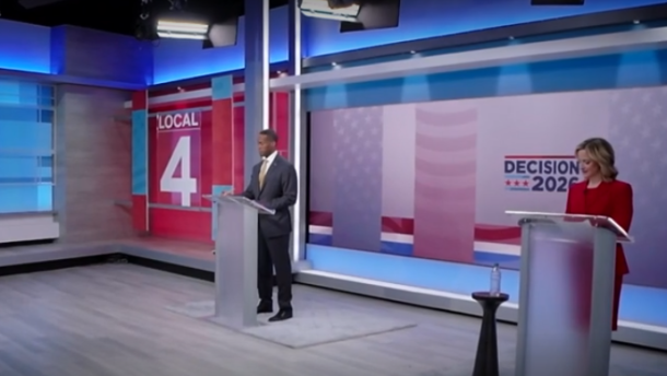 Gubernatorial candidate Michigan Secretary of State Jocelyn Benson debates Republican Congressman John James in Detroit Thursday night