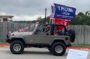 A jeep full of people participate in a Trump Train event in Boerne.