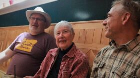 Sitka Pioneer Home resident Nancy Ricketts meets for coffee with friends in a local cafe. At 94, Ricketts says she carefully budgeted in order to live in the Pioneer Home — including selling her house. She testified that increased financial stress on residents will jeopardize their health, and ultimately cost the state more. “The state will have to pay to keep us here, or throw us out on the street,” she said. “A loss of independence is the most horrible thing I can think of.” (KCAW photo/Robert Woolsey)