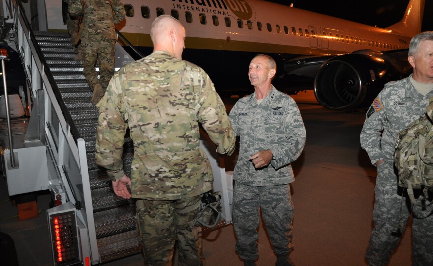 Idaho National Guard commander Maj. Gen. Gary Sayler, Command Sgt. Maj. Kenneth Downing and Idaho Army National Guard Commander Brig. Gen. John Goodale offered each soldier their best wishes as the soldiers boarded the charter airline flight.