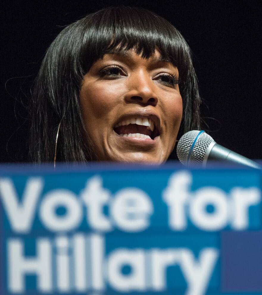 Angela Bassett talks to students at South Carolina State University while campaigning for Democratic presidential candidate Hillary Clinton earlier this month.