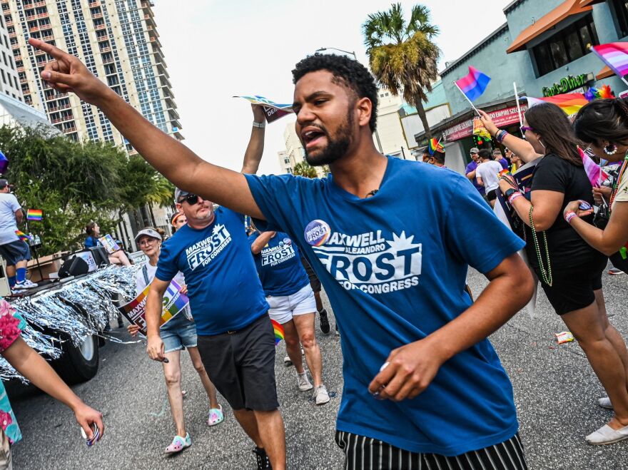 Maxwell Frost marching in Orlando's Pride Parade.