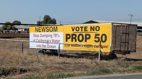 Signs and banners like this one appear every few miles along State Route 41 and other highways in California’s San Joaquin Valley.