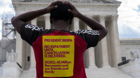Sourish Dey, an incoming freshman at the University of Maryland who said student debt was a factor in his college application process, protests in favor of student debt cancellation outside of the Supreme Court, Tuesday, June 27, 2023, in Washington.