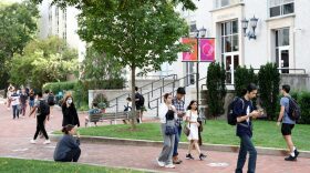 Students walk Northeastern University campus in Boston, Massachusetts.