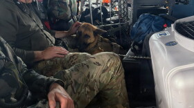 Michigan State Police K-9 Unit officers and their dog sit aboard a U.S. Coast Guard Air Station Traverse City MH-60 Jayhawk helicopter as they transit Lake Superior en route to Isle Royale, Michigan, September 12, 2026. Michigan State Police were transported to the island via Coast Guard helicopter to search for a man who had been missing for days. (U.S. Coast Guard Courtesy photo by Air Station Traverse City)