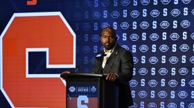 Syracuse head coach Fran Brown speaks during the Atlantic Coast Conference NCAA college football media days, Thursday, July 25, 2024, in Charlotte, N.C. (AP Photo/Matt Kelley)