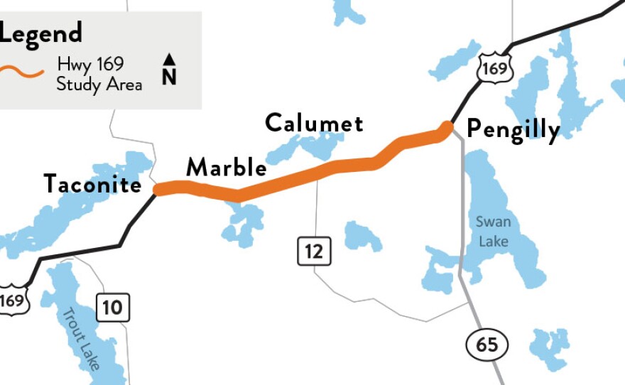 Map highlights Highway 169 corridor between Taconite and Pengilly.