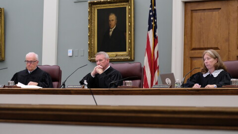 From left, Justice Bryan Gould, Patrick Donovan, and Melissa Countway, during oral arguments at the New Hampshire Supreme Court on Sept. 22, 2026.