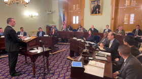 Rep. Adam Mathews (R-Lebanon, at podium), takes questions from lawmakers on the House Ways and Means Committee at the first hearing for House Bill 1, on February 28, 2023.