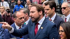 Republican Arizona Rep. Eli Crane speaks during a news conference near the Manhattan Criminal Court during the trial of former President Donald Trump on Thursday, May 16, 2024, in New York.