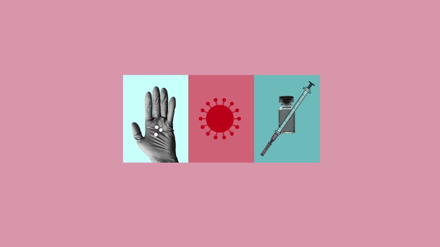 Triptych photo illustration showing a hand holding three white pills, a depiction of the COVID-19 virus, and a syringe and vial. 