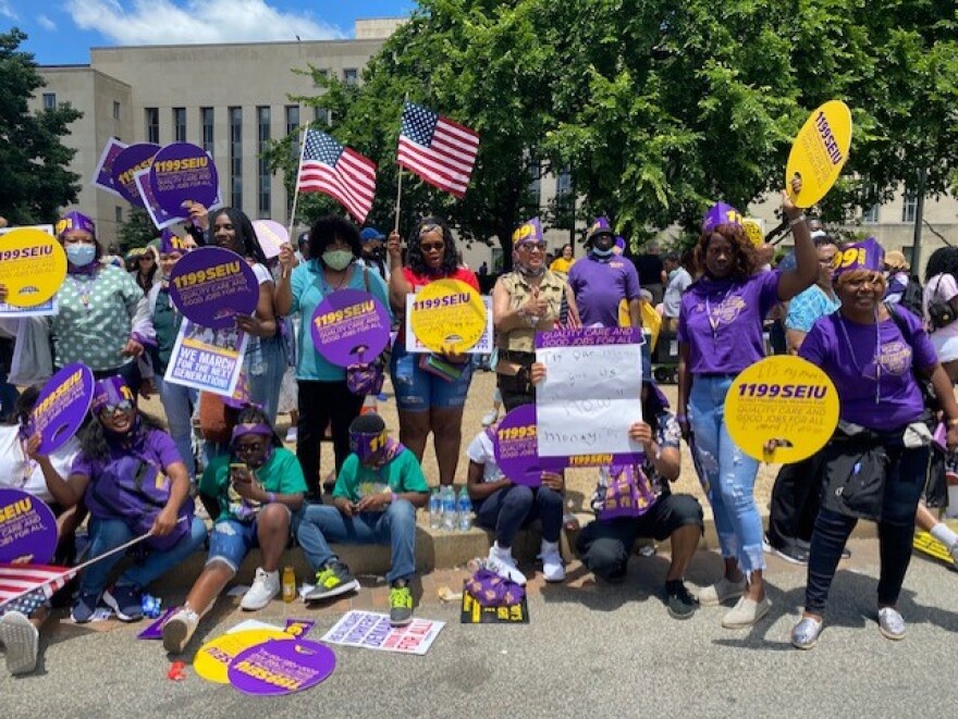 Healthcare unions from around the US were a big presence at the DC rally. These union activists from NYC's SEIU 1199 were part of a contingent of 70 buses.