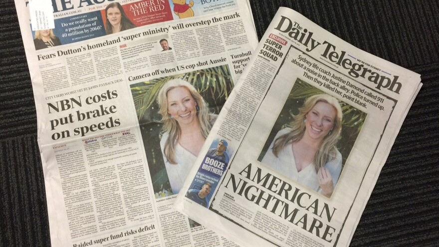 The front pages of two Australian newspapers on Tuesday cover the death of Sydney's Justine Ruszczyk, who was shot dead by a Minneapolis police officer on Saturday. The Daily Telegraph, a Sydney-based newspaper, declared the incident an "American Nightmare" in its front page headline.