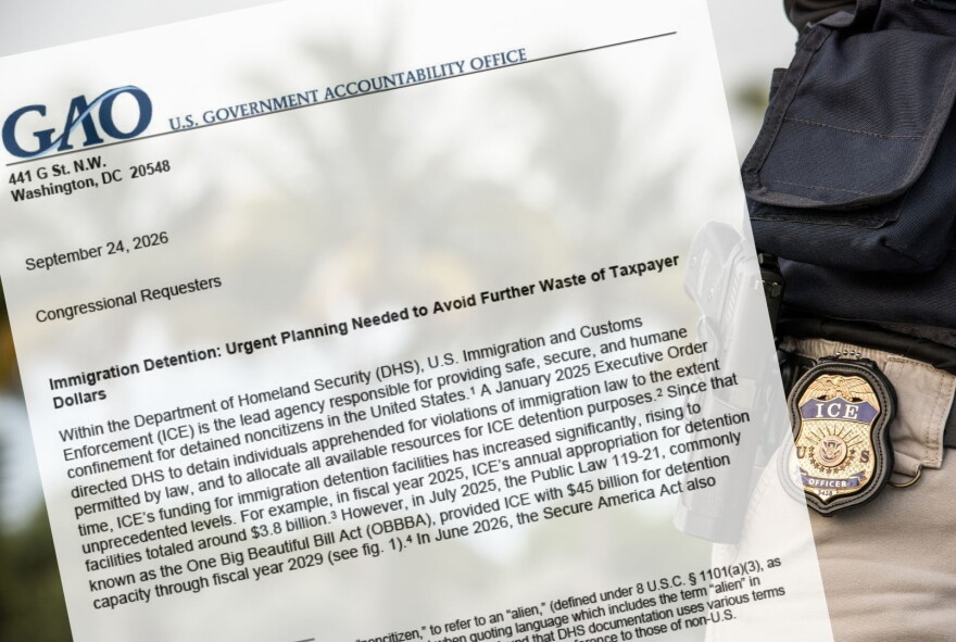 First page of the GAO report sits on top of a photo with an ICE agent's badge and gun in front of blurry palm trees. 