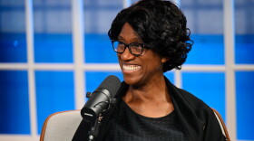 Connecticut Education Commissioner Charlene Russell-Tucker speaking in front of a microphone in the studio on Connecticut Public’s “Where We Live”.