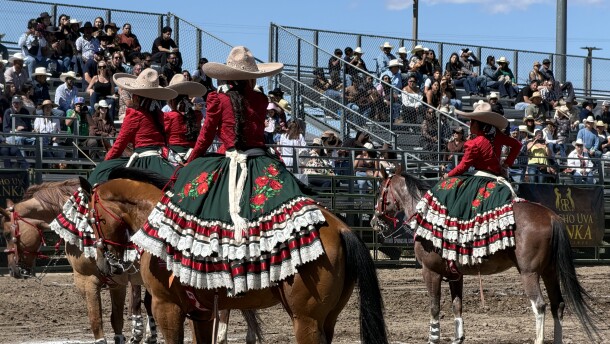 Escaramuza Charra Corazones Plateados look at the crowd as they start off the event.