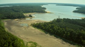 A drone image of Falls Lake shows the impact of North Carolina's drought on June 22, 2026, in Durham, N.C.