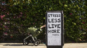A mother walks with double baby stroller in Los Angeles on Thursday, May 14, 2020. (Damian Dovarganes/AP Photo)