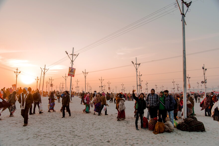Pilgrims parade toward the banks of the Ganges River on the first day of the Kumbh Mela festival, billed as the largest gathering of humans in the world. The event lasts through March 4.